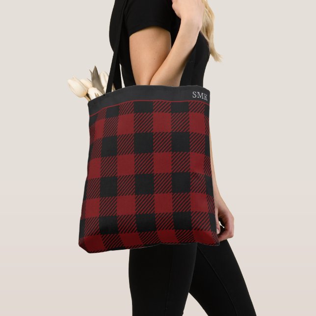 Rustic Red Buffalo Plaid Winter Monogram Tote Bag (Close Up)