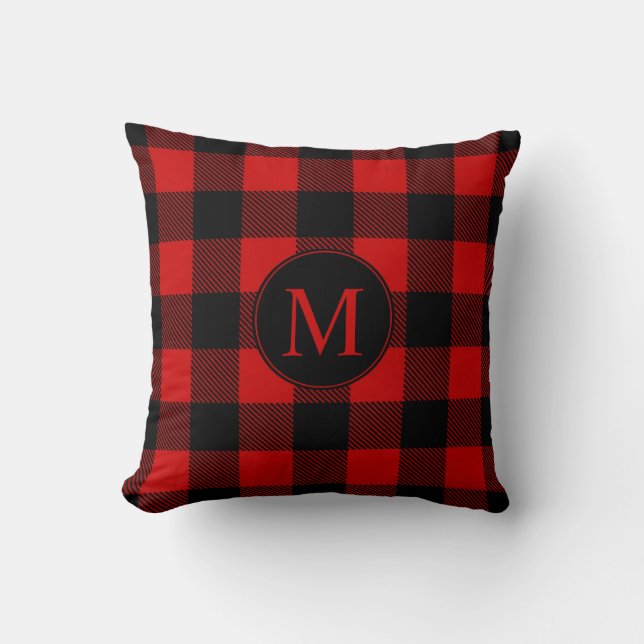 Rustic Red Buffalo Plaid with Monogram Throw Pillow (Front)