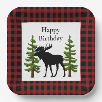 Rustic Red Buffalo Plaid with Moose Birthday 