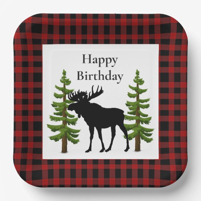 Rustic Red Buffalo Plaid with Moose Birthday  Paper Plates (Front)