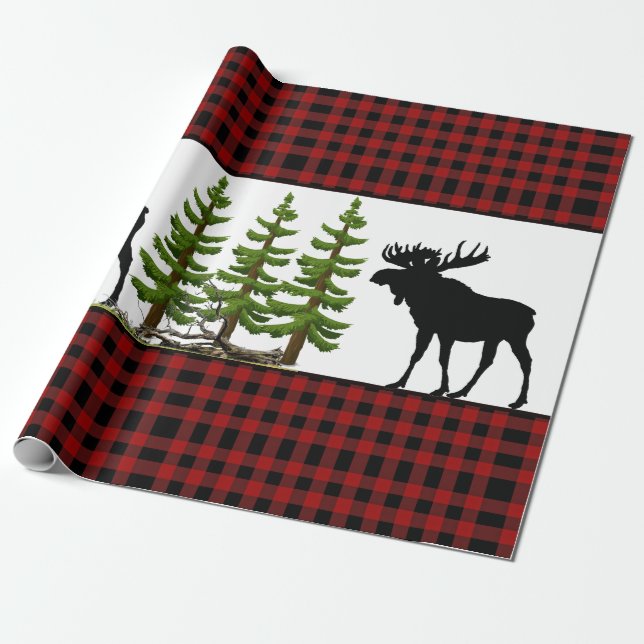 Rustic Red Buffalo Plaid with Moose Silhouette Wrapping Paper (Unrolled)