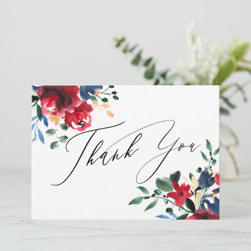 Rustic red burgundy floral chicwedding thank you - A rustic fall winter elegant burgundy and navy blue floral watercolor and greenery leaves wedding thank you card.