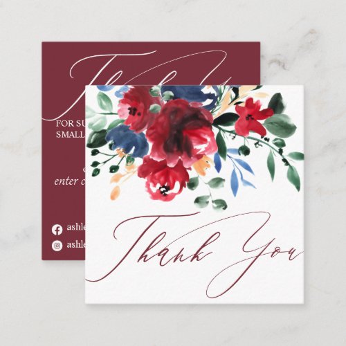 Rustic red burgundy floral navy order thank you square business card