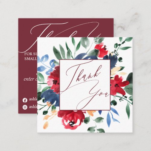 Rustic red burgundy floral navy order thank you square business card