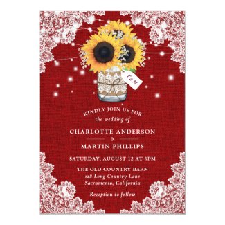 Rustic Red Burlap Lace Mason Jar Sunflower Wedding Invitation