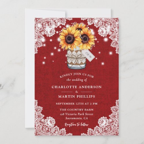 Rustic Red Burlap Lace Mason Jar Sunflower Wedding Invitation