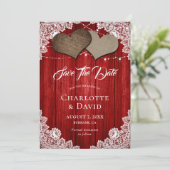 Rustic Red Burlap Lace Wedding Save The Date Card (Standing Front)