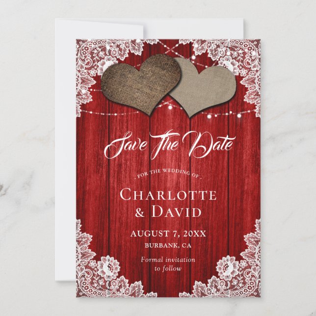 Rustic Red Burlap Lace Wedding Save The Date Card (Front)