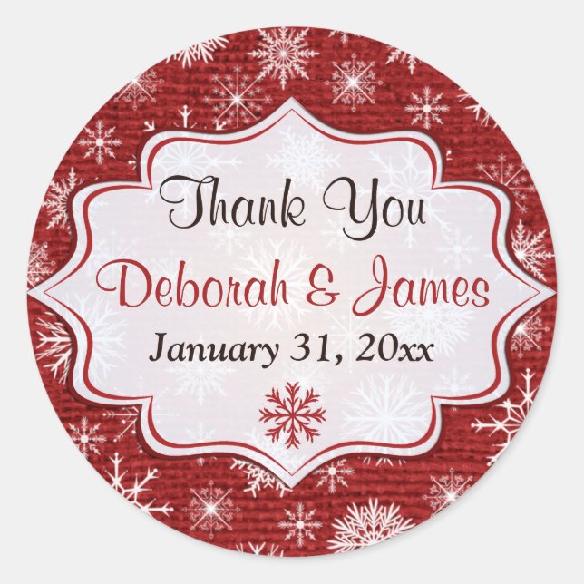 Rustic Red Burlap Snowflakes Wedding Favor Sticker (Front)