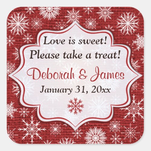 Rustic Red Burlap Snowflakes Wedding Favor Sticker