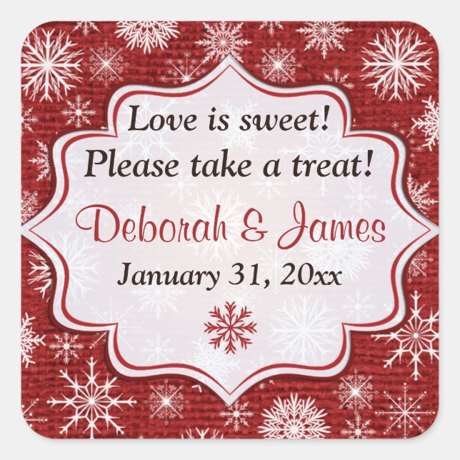 Rustic Red Burlap Snowflakes Wedding Favor Sticker (Front)