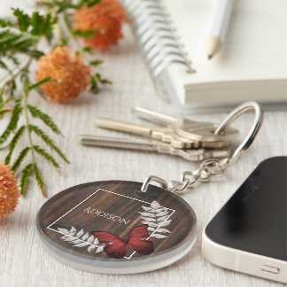 Rustic Red Butterfly Personalized Keychain
