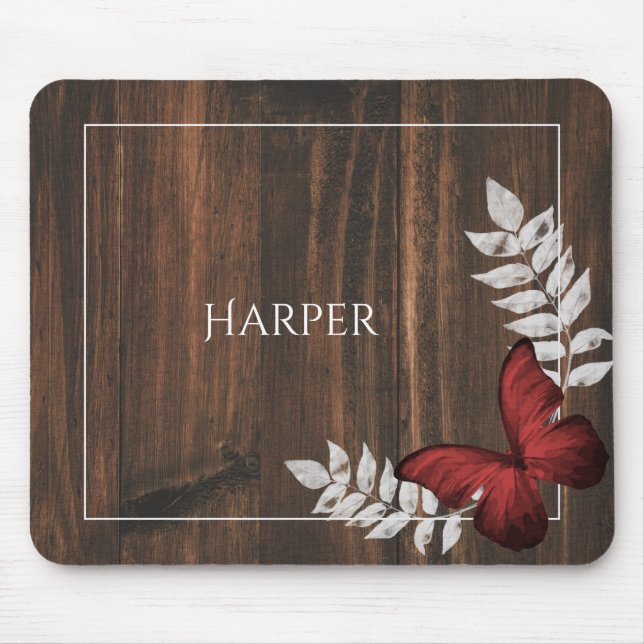 Rustic Red Butterfly Personalized Mouse Pad (Front)