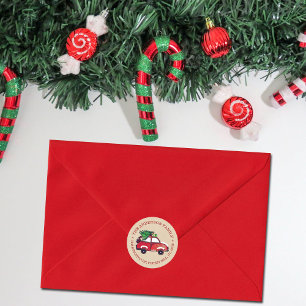 Rustic Red Car Festive Christmas Return Address Classic Round Sticker