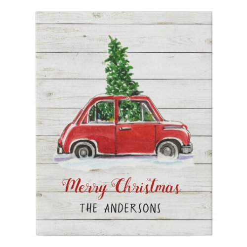 Rustic Red Car with Christmas tree  Faux Canvas Print