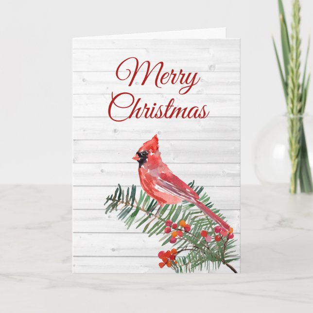 Rustic Red Cardinal Merry Christmas Card (Front)