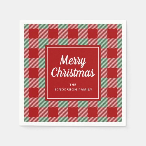 Rustic Red Checked Buffalo Plaid Merry Christmas Napkins