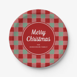 Rustic Red Checked Buffalo Plaid Merry Christmas Paper Plates