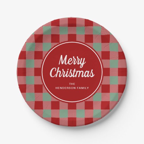 Rustic Red Checked Buffalo Plaid Merry Christmas Paper Plates