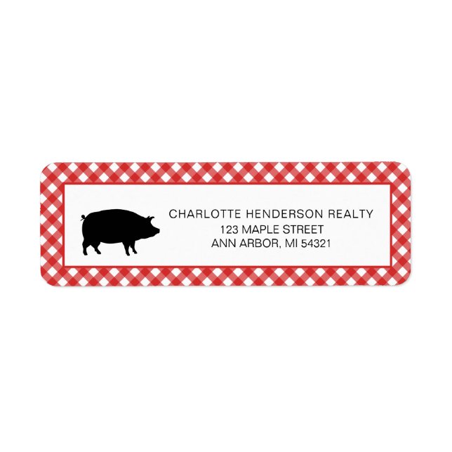 Rustic Red Checker Farm Pig Party Label (Front)