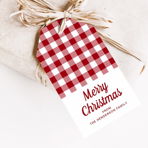 Rustic Red Checkered Plaid Script Christmas Gift Tags