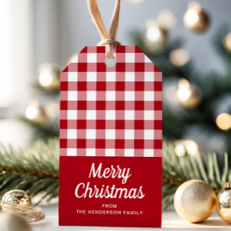 Rustic Red Checkered Script Merry Christmas Gift Tags