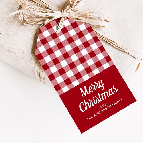 Rustic Red Checkered Script Merry Christmas Gift Tags