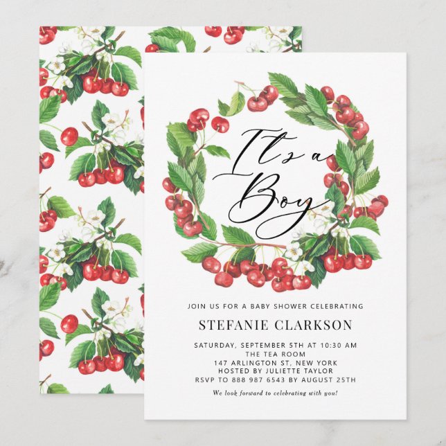 Rustic Red Cherries Wreath It's a Boy Baby Shower Invitation (Front/Back)