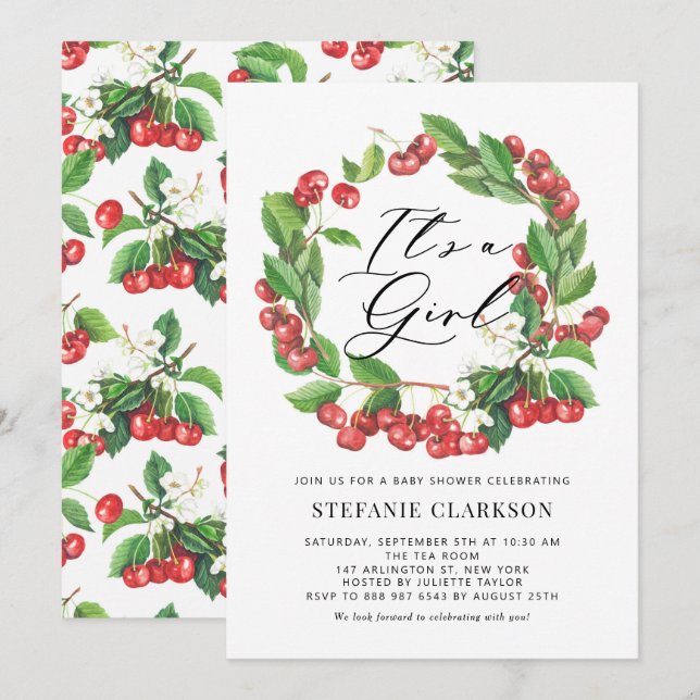 Rustic Red Cherries Wreath It's a Girl Baby Shower Invitation (Front/Back)