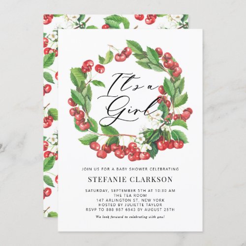 Rustic Red Cherries Wreath Its a Girl Baby Shower Invitation