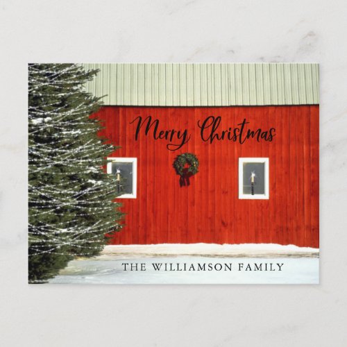 Rustic Red Christmas Barn with Lights Family Name  Holiday Postcard