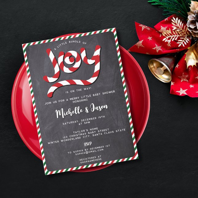 Rustic Red Christmas Candy Cane Joy Baby Shower Invitation (Creator Uploaded)