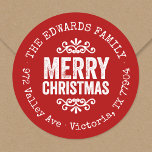Rustic Red Christmas Circle Return Address Label<br><div class="desc">Affordable custom printed round return address stickers personalized with your family name and return address. This rustic modern holiday design features distressed MERRY CHRISTMAS lettering on a red background. Use the design tools to choose any background color and edit text fonts and colors to further customize your own unique holiday...</div>