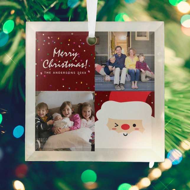 Rustic Red Christmas Confetti & Santa Family Photo Glass Ornament (Creator Uploaded)
