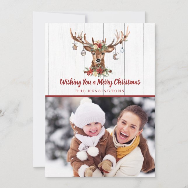 Rustic Red Christmas Deer Ornaments Holiday Photo Card (Front)