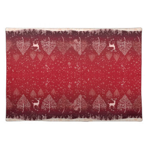 Rustic Red Christmas Forest Deer with Trees Cloth Placemat