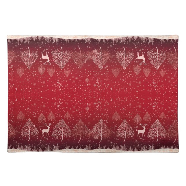Rustic Red Christmas Forest Deer with Trees Cloth Placemat (Front)