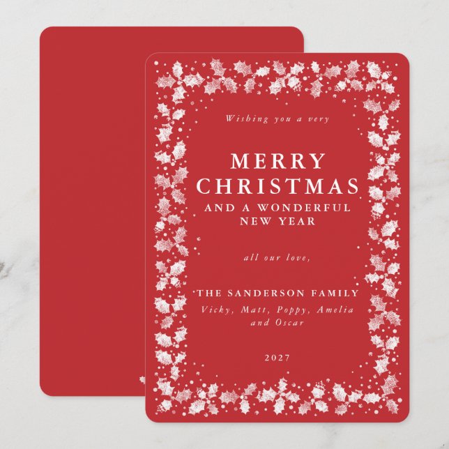 Rustic Red Christmas Holly+Berries Flat Non Photo Holiday Card (Front/Back)