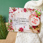 Rustic Red Christmas Party Save the Date Announcement Postcard<br><div class="desc">A fun rustic party save the date xmas postcard featuring a light wooden background,  festive red berry twigs,  a christmas gift,  string twinkle lights,  and a celebration template that is easy to personalize.</div>