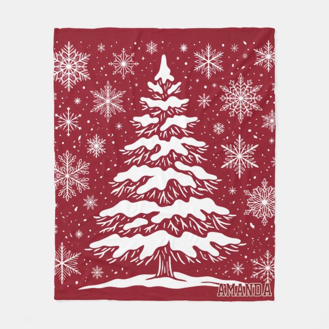 Rustic Red Christmas Pine Tree Fleece Blanket (Front)