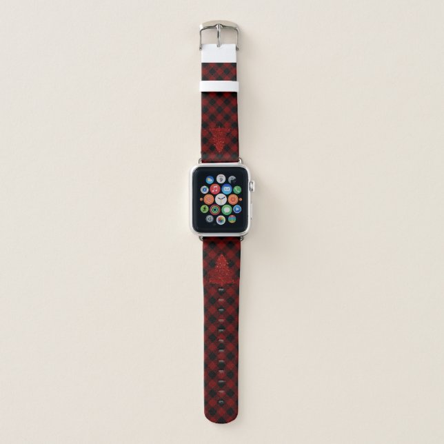 Rustic Red Christmas Tree Modern Buffalo Plaid Apple Watch Band (Front)
