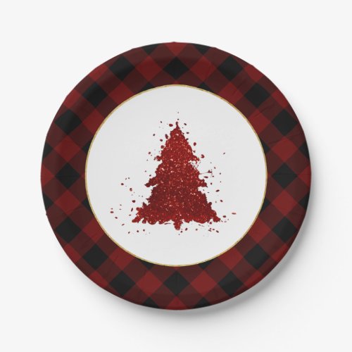 Rustic Red Christmas Tree Modern Buffalo Plaid Paper Plates