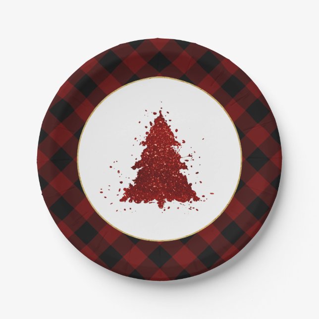 Rustic Red Christmas Tree Modern Buffalo Plaid Paper Plates (Front)