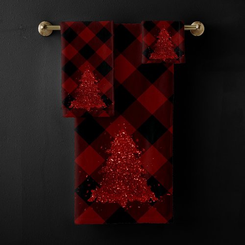 Rustic Red Christmas Tree Modern Plaid Holiday Bath Towel Set