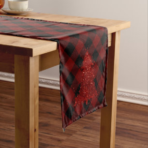 Rustic Red Christmas Tree Modern Plaid Holiday Short Table Runner