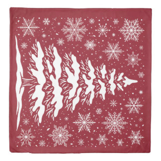 Rustic Red Christmas Tree Snowflakes Duvet Cover