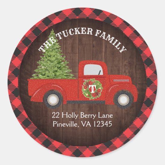 Rustic Red Christmas Truck Plaid Address Label