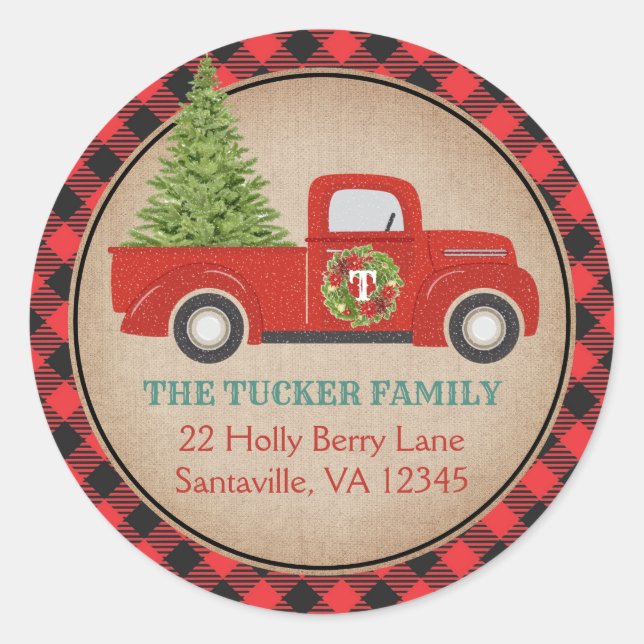 Rustic Red Christmas Truck Plaid Address Label (Front)