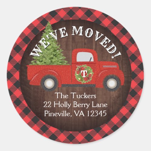 Rustic Red Christmas Truck Plaid Moving Address Classic Round Sticker