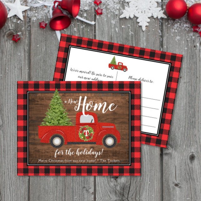 Rustic Red Christmas Truck Plaid Wood Moving Postcard (Rustic Christmas Red Truck on Wood & Red/Black Buffalo Plaid New Home Moving Announcement Post Card)